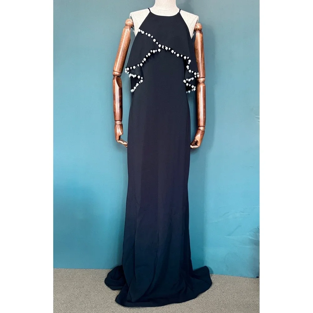 Badgley Mischka Black Label Gown |‎ Size 8 | Ruffle Pearl Halter Formal Dress